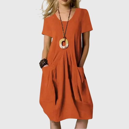 Women's Midi Dress | Solid V-Neck Pocket Swing