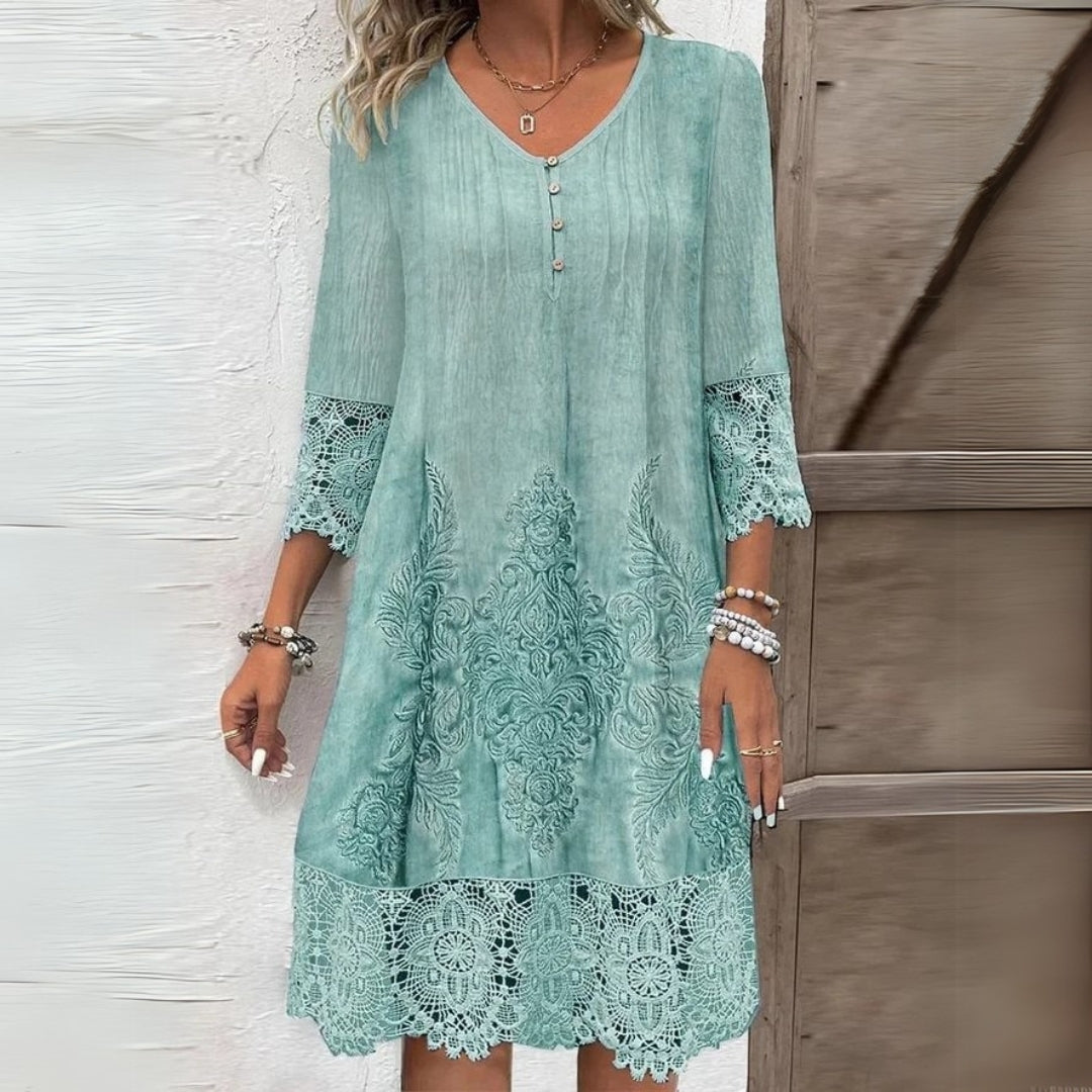 Women's Midi Dress | V-Neck Embroidered & Lace Trim Detail