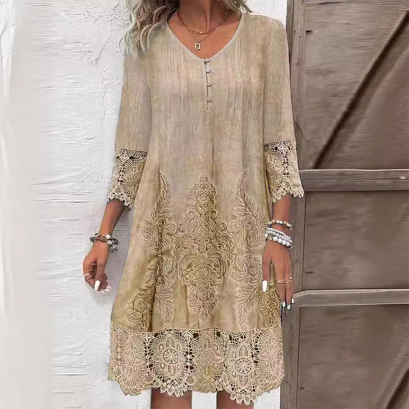 Women's Midi Dress | V-Neck Embroidered & Lace Trim Detail