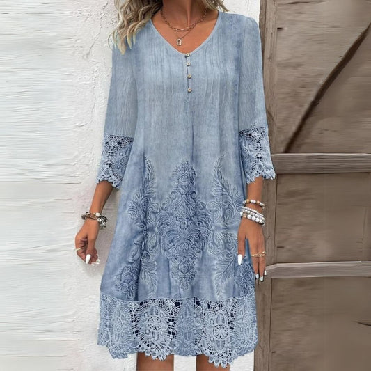 Women's Midi Dress | V-Neck Embroidered & Lace Trim Detail