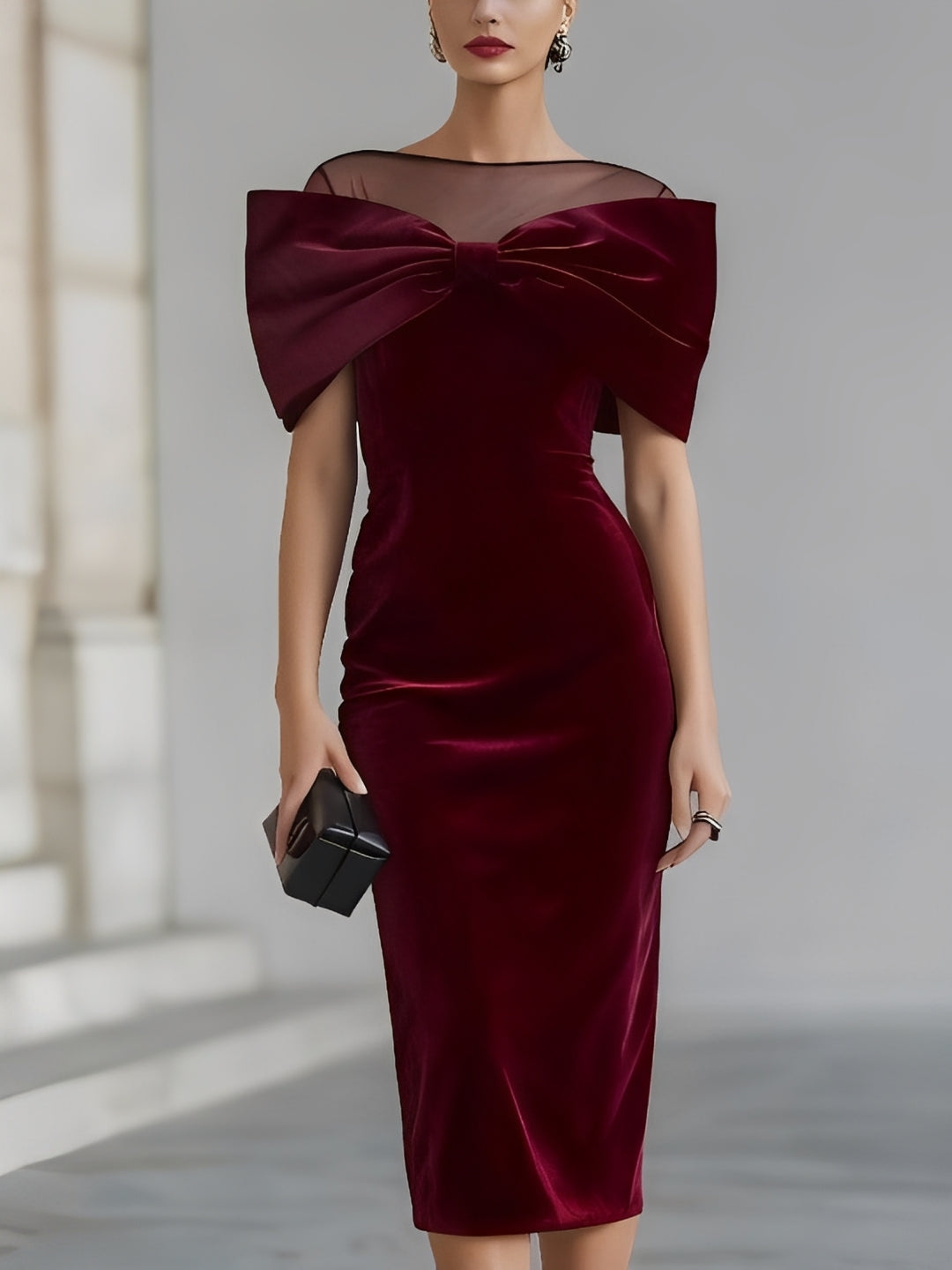 Women's Midi Dress | Velvet Bow Mesh Neckline & Fitted Silhouette