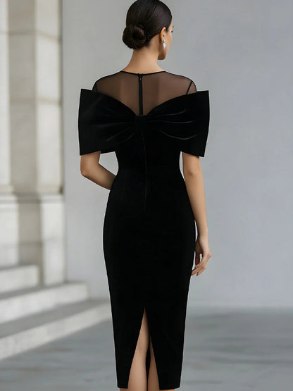 Women's Midi Dress | Velvet Bow Mesh Neckline & Fitted Silhouette