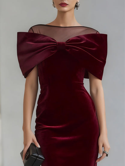 Women's Midi Dress | Velvet Bow Mesh Neckline & Fitted Silhouette
