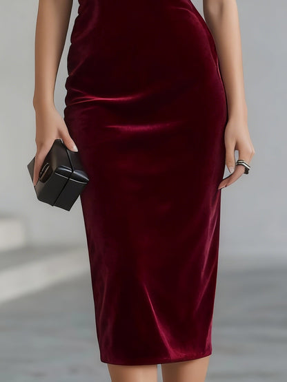 Women's Midi Dress | Velvet Bow Mesh Neckline & Fitted Silhouette