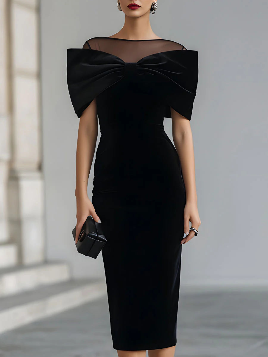 Women's Midi Dress | Velvet Bow Mesh Neckline & Fitted Silhouette