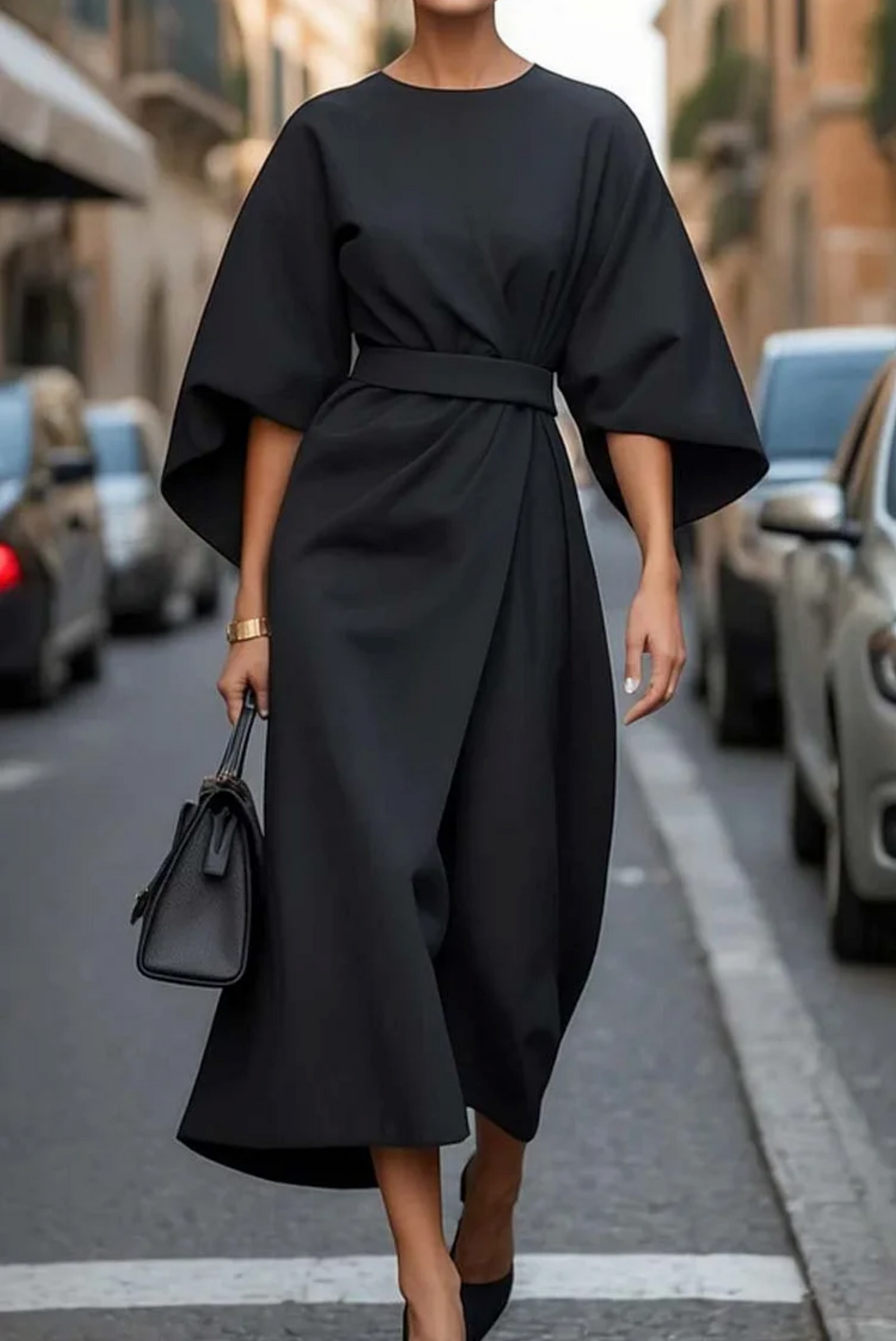 Women's Midi Dress | Waist-Defining Belt & Lantern Sleeves