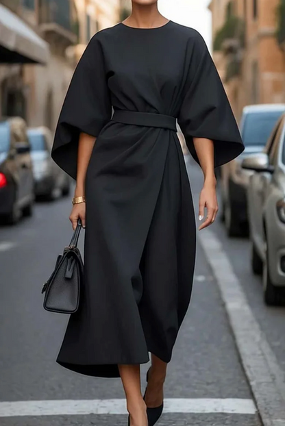 Women's Midi Dress | Waist-Defining Belt & Lantern Sleeves
