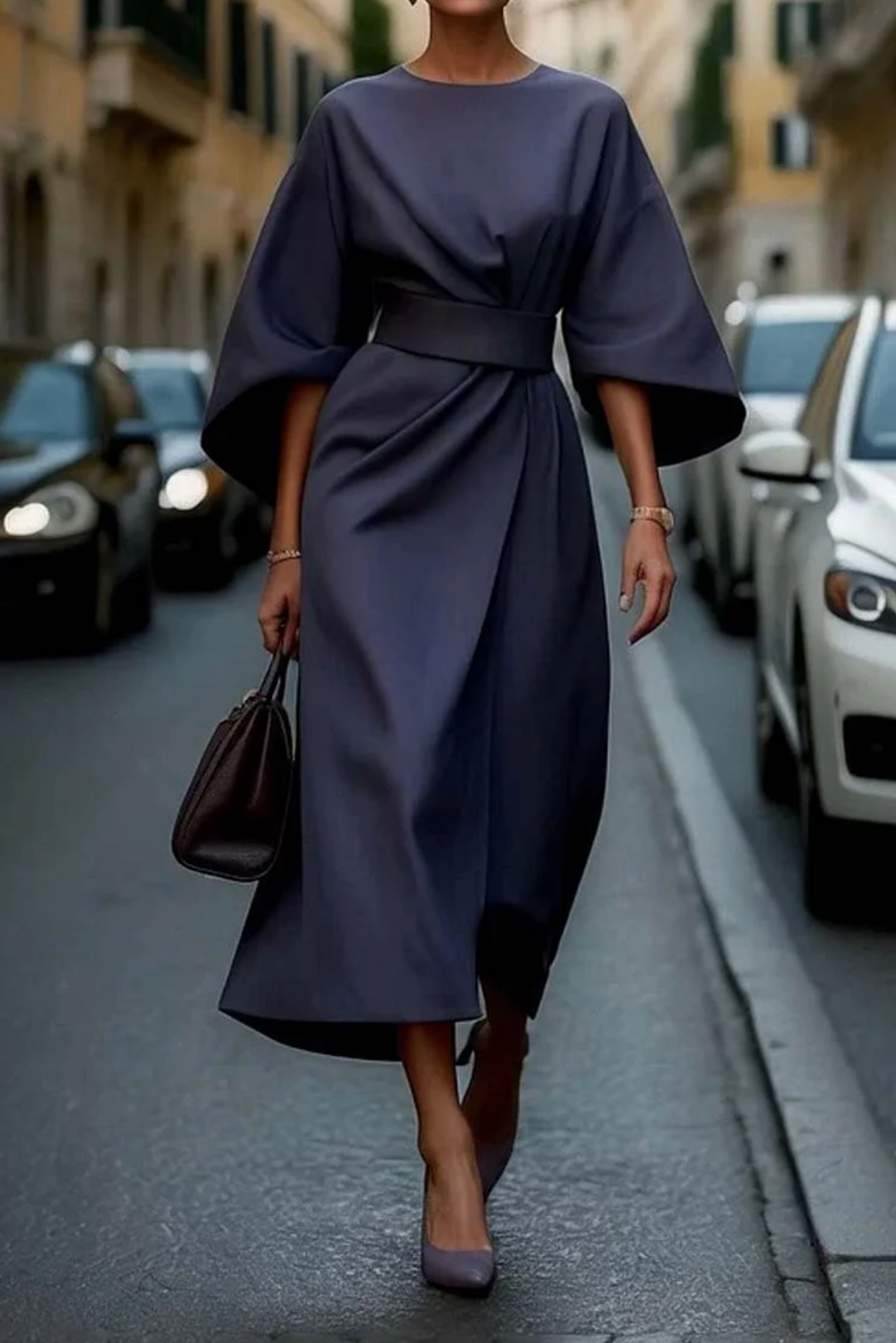 Women's Midi Dress | Waist-Defining Belt & Lantern Sleeves