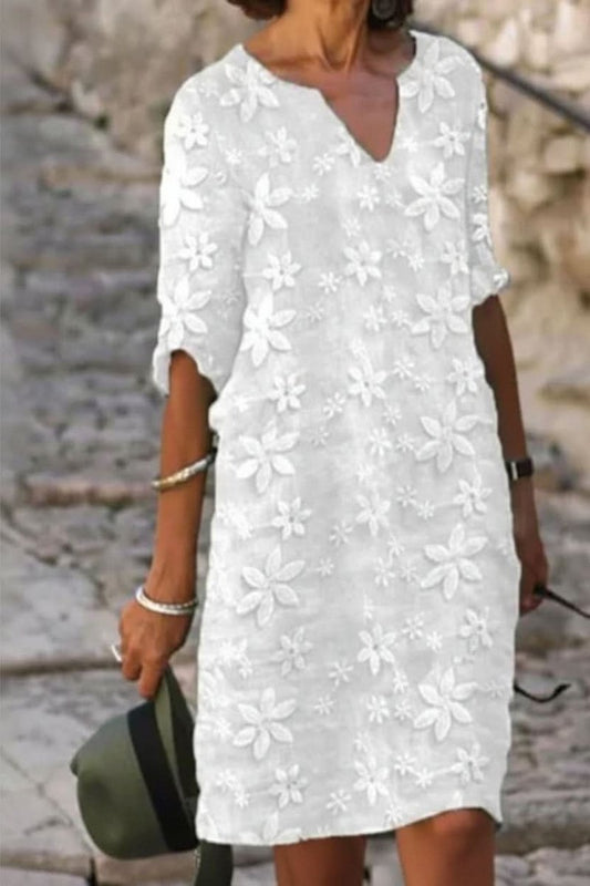 Women's Midi Dress | White Floral Appliqué V-Neck Shift Dress