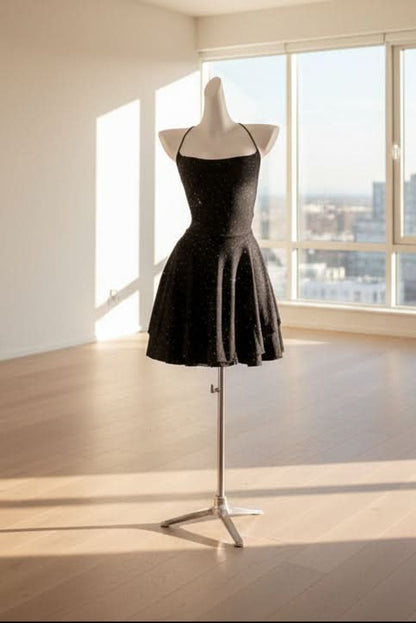 Women's Mini Cocktail Dress | Black Glitter Halter Skater Dress