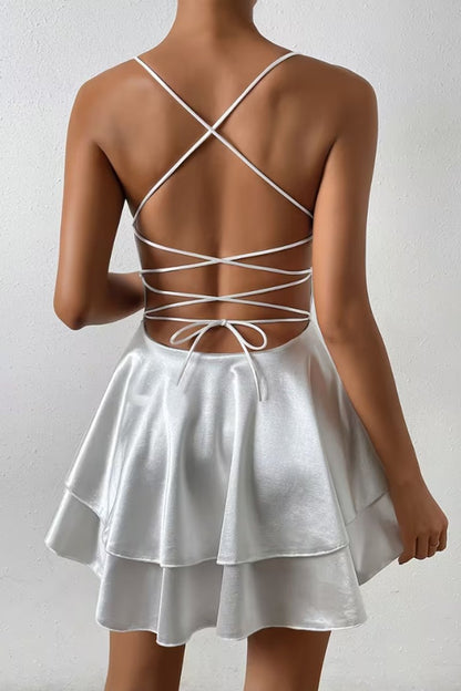 Women's Mini Cocktail Dress | Ivory Satin V-Neck Skater Dress