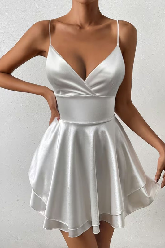 Women's Mini Cocktail Dress | Ivory Satin V-Neck Skater Dress