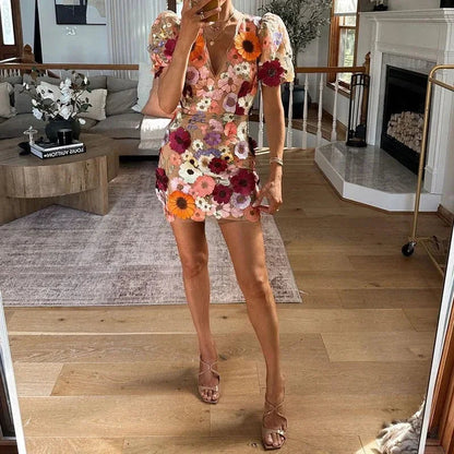 Women's Mini Dress | 3D Floral Appliqué, Puff Sleeves & V-Neckline