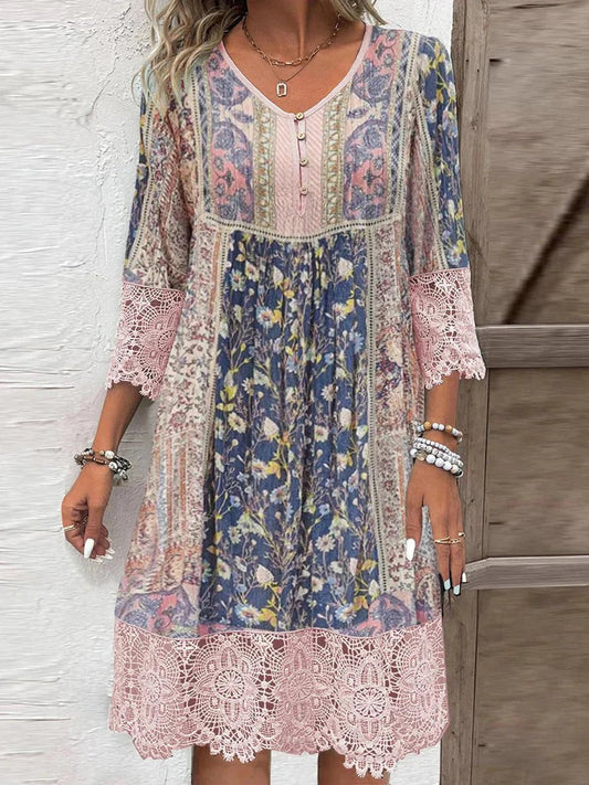 Women's Mini Dress | Bohemian Floral Lace Trim Tunic Dress