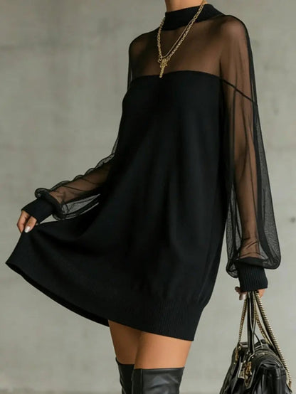 Women's Mini Dress | High Neck Mesh Sleeve & Knit Body