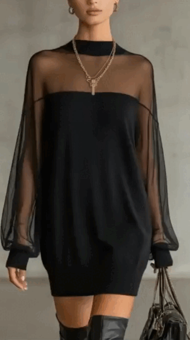 Women's Mini Dress | High Neck Mesh Sleeve & Knit Body