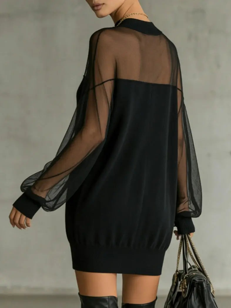 Women's Mini Dress | High Neck Mesh Sleeve & Knit Body