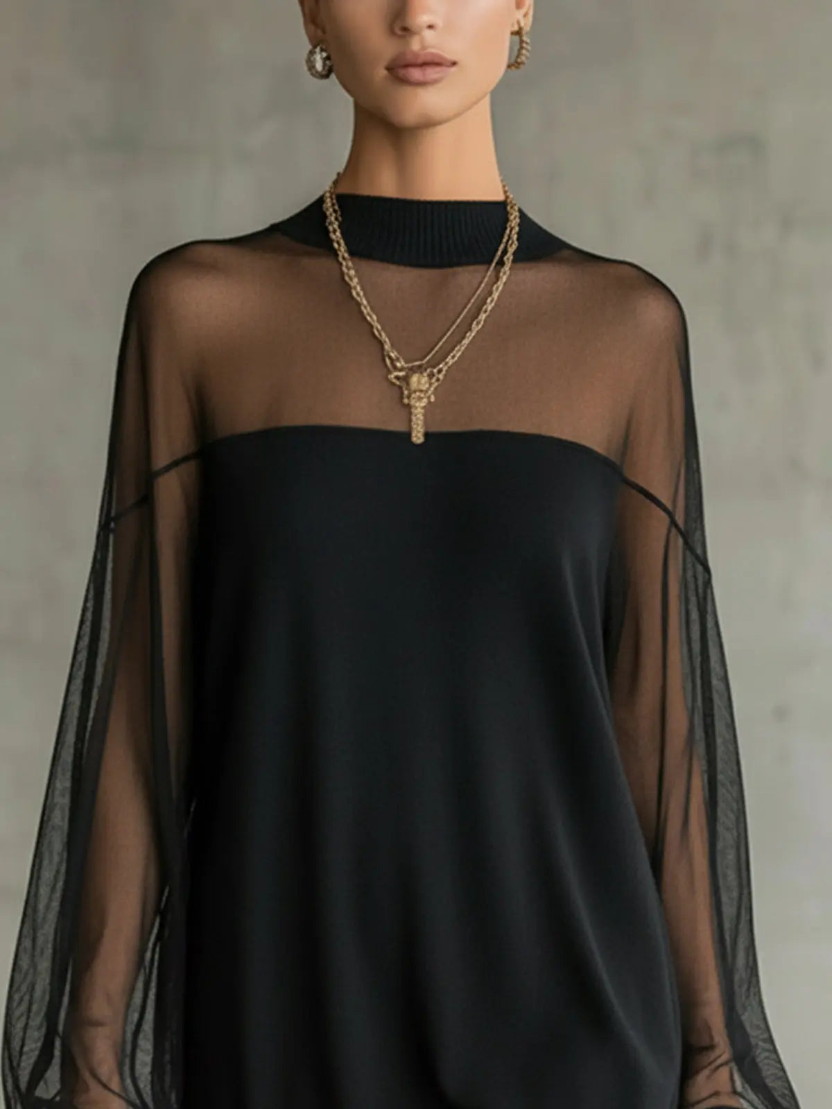 Women's Mini Dress | High Neck Mesh Sleeve & Knit Body