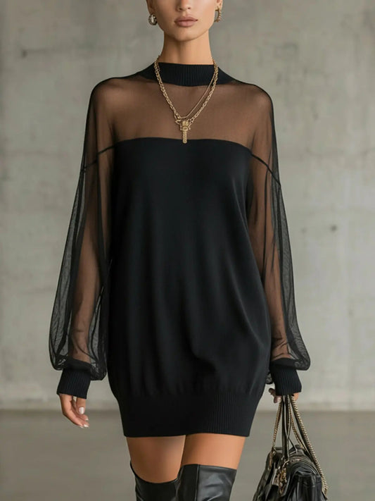 Women's Mini Dress | High Neck Mesh Sleeve & Knit Body