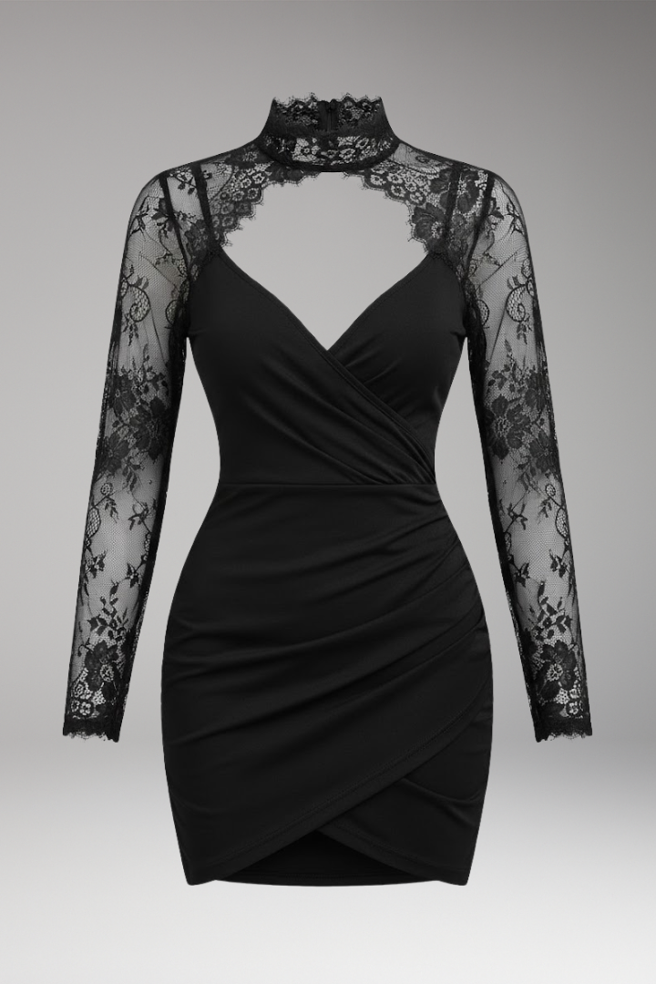 Women's Mini Dress | Lace Sleeves, High Collar & Wrap Skirt