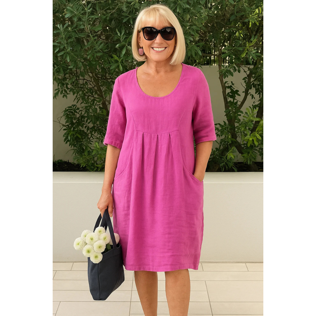 Women's Mini Dress | Relaxed Linen-Look Style with Pleated Yoke and Side Pockets