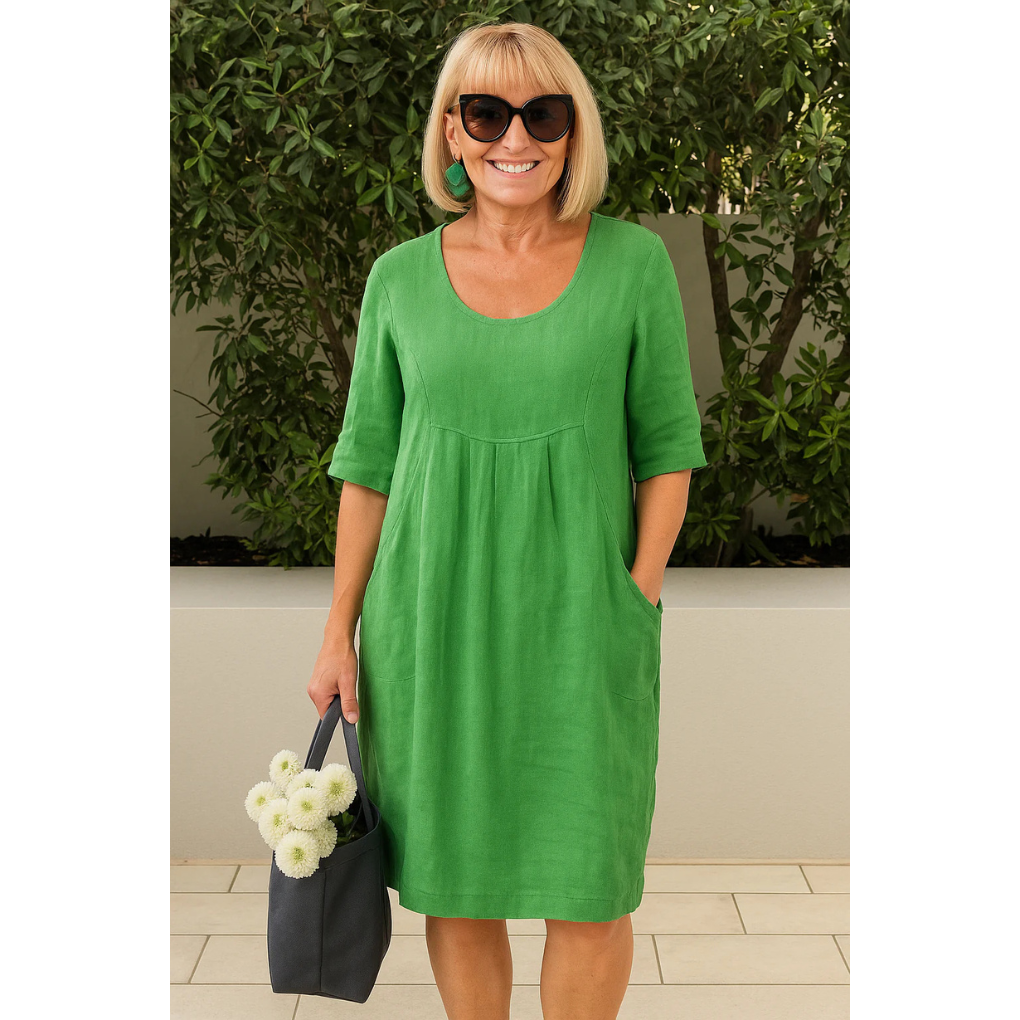 Women's Mini Dress | Relaxed Linen-Look Style with Pleated Yoke and Side Pockets