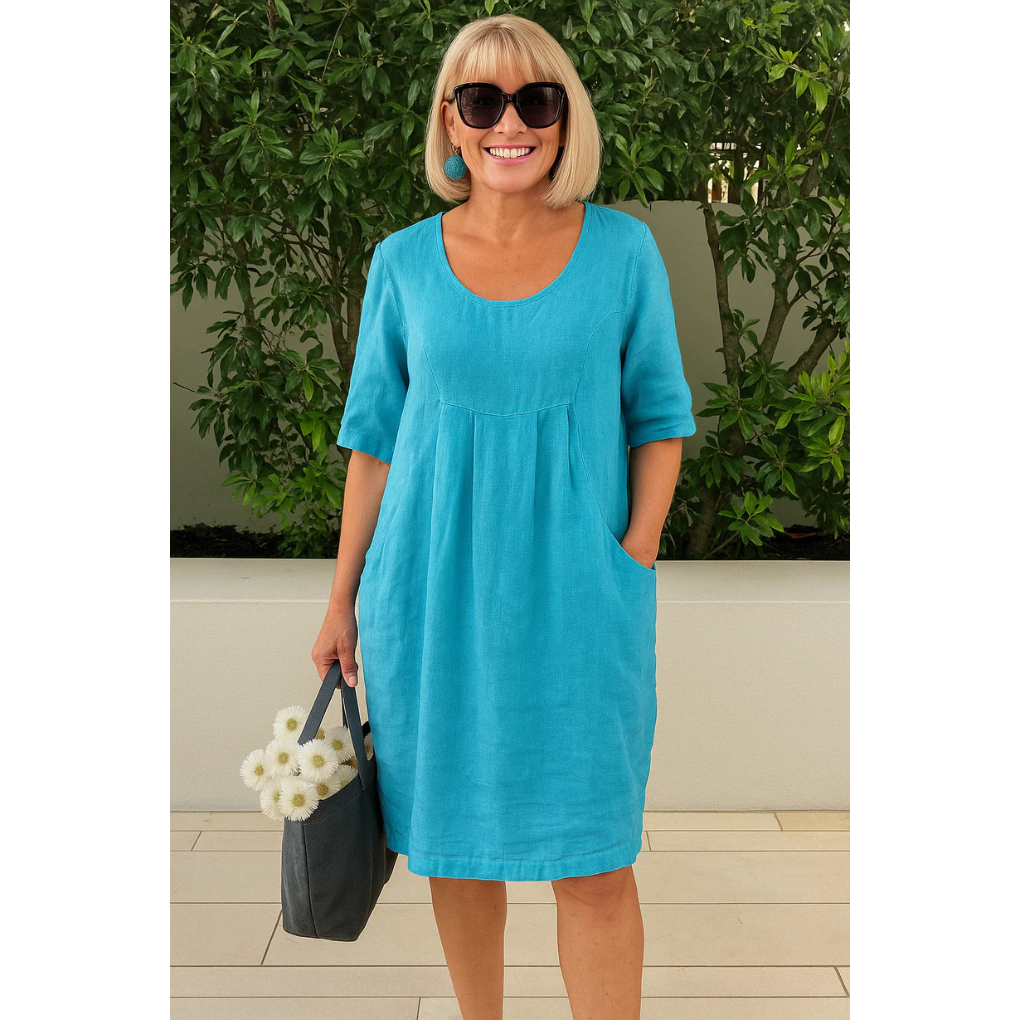 Women's Mini Dress | Relaxed Linen-Look Style with Pleated Yoke and Side Pockets