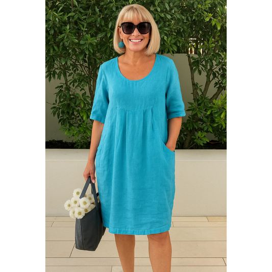Women's Mini Dress | Relaxed Linen-Look Style with Pleated Yoke and Side Pockets