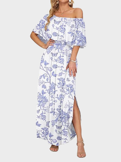 Women's Off Shoulder Maxi Dress | Ruffle & Side Slit Design