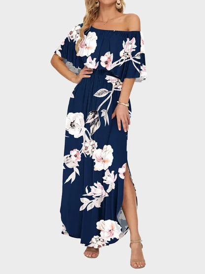 Women's Off Shoulder Maxi Dress | Ruffle & Side Slit Design