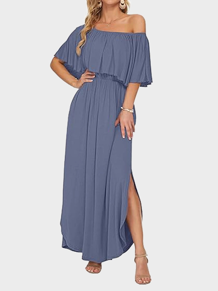 Women's Off Shoulder Maxi Dress | Ruffle & Side Slit Design
