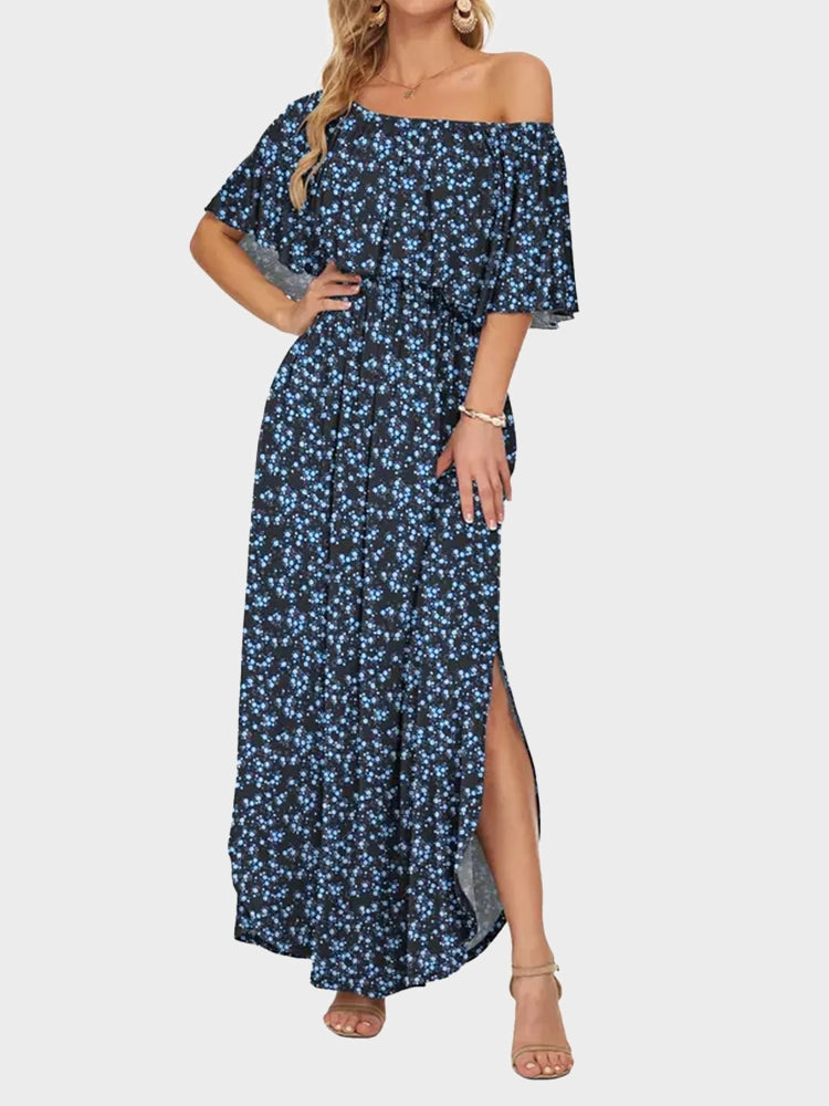 Women's Off Shoulder Maxi Dress | Ruffle & Side Slit Design