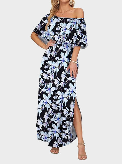 Women's Off Shoulder Maxi Dress | Ruffle & Side Slit Design