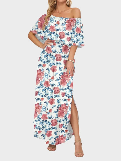 Women's Off Shoulder Maxi Dress | Ruffle & Side Slit Design