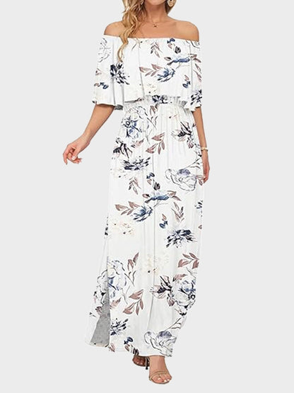 Women's Off Shoulder Maxi Dress | Ruffle & Side Slit Design