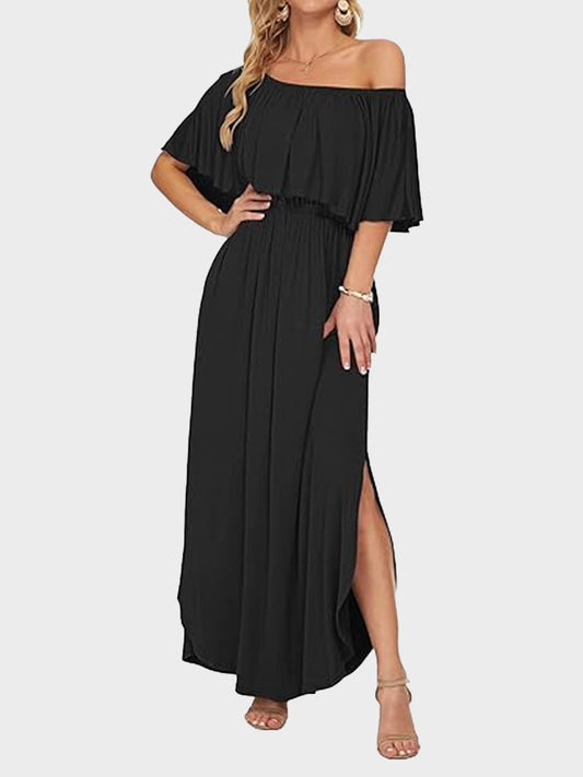 Women's Off Shoulder Maxi Dress | Ruffle & Side Slit Design