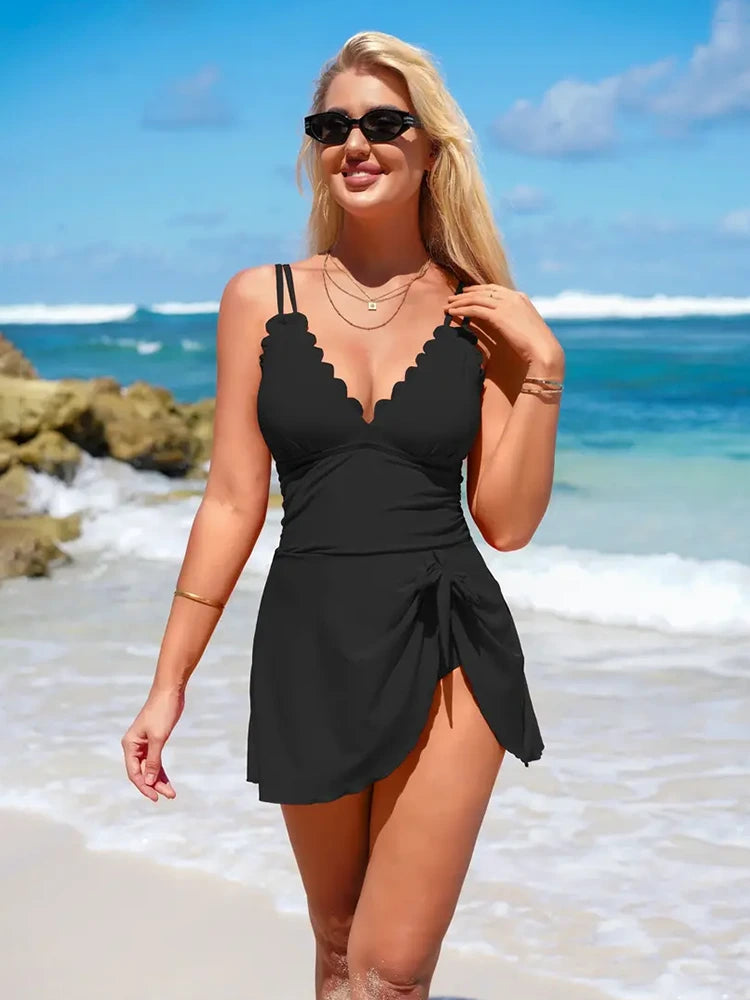 Women's One Piece Swimdress | Tummy Control & Scallop V-Neck