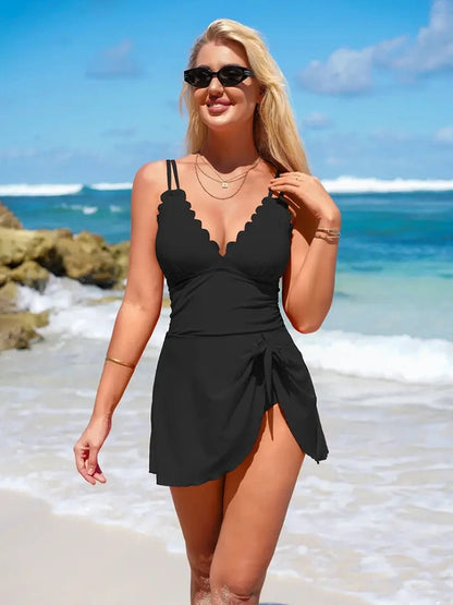 Women's One Piece Swimdress | Tummy Control & Scallop V-Neck