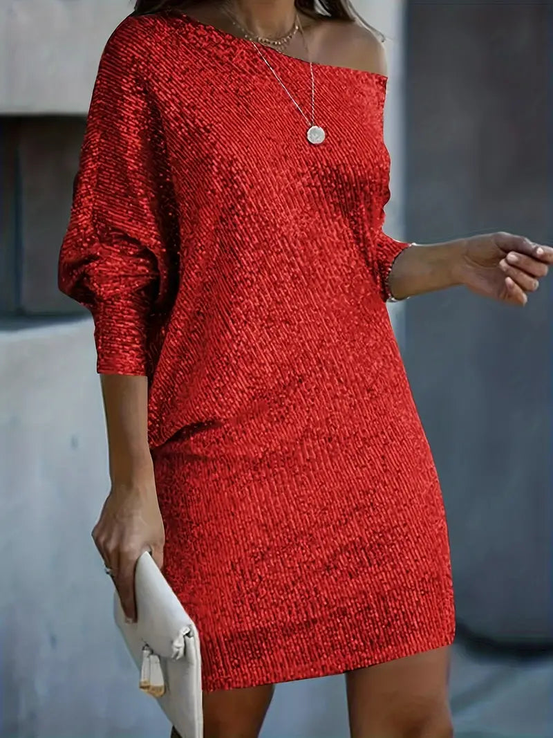 Women's Party Dress | Off-Shoulder Slash Neck, Sequins