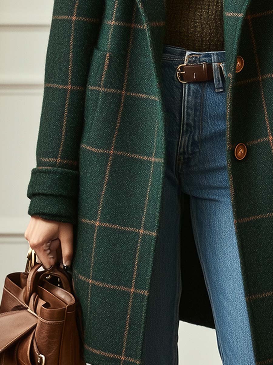 Women's Plaid Coat | Double-Breasted & Notched Lapel