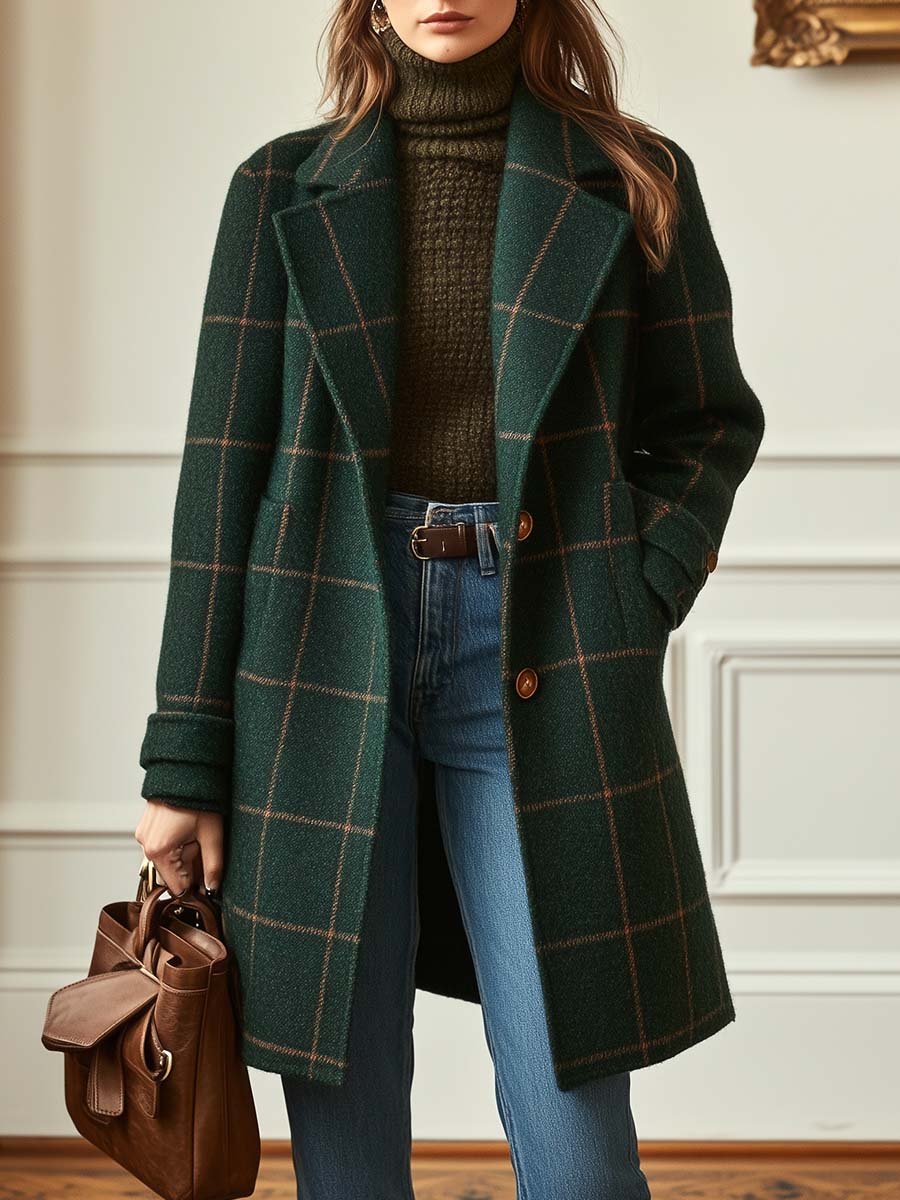 Women's Plaid Coat | Double-Breasted & Notched Lapel