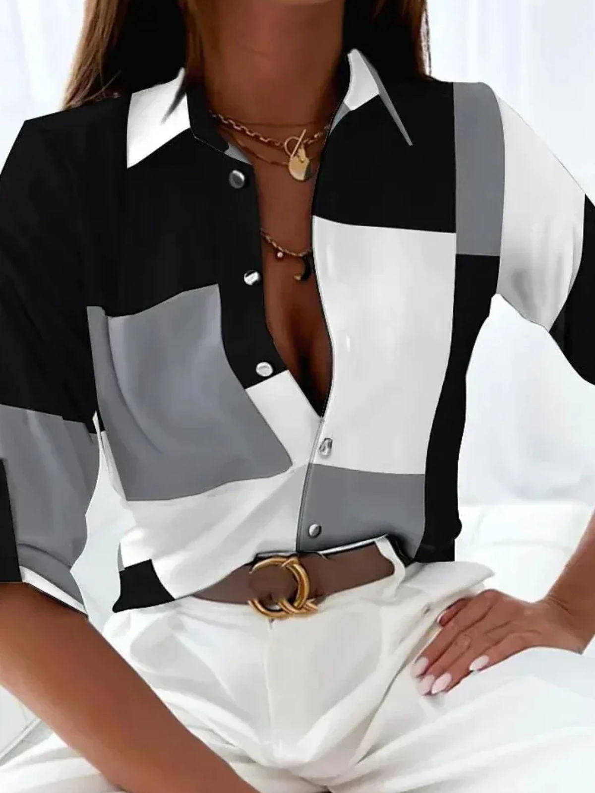 Women's Quarter Sleeve Top | Grid Print, Collared Button Front