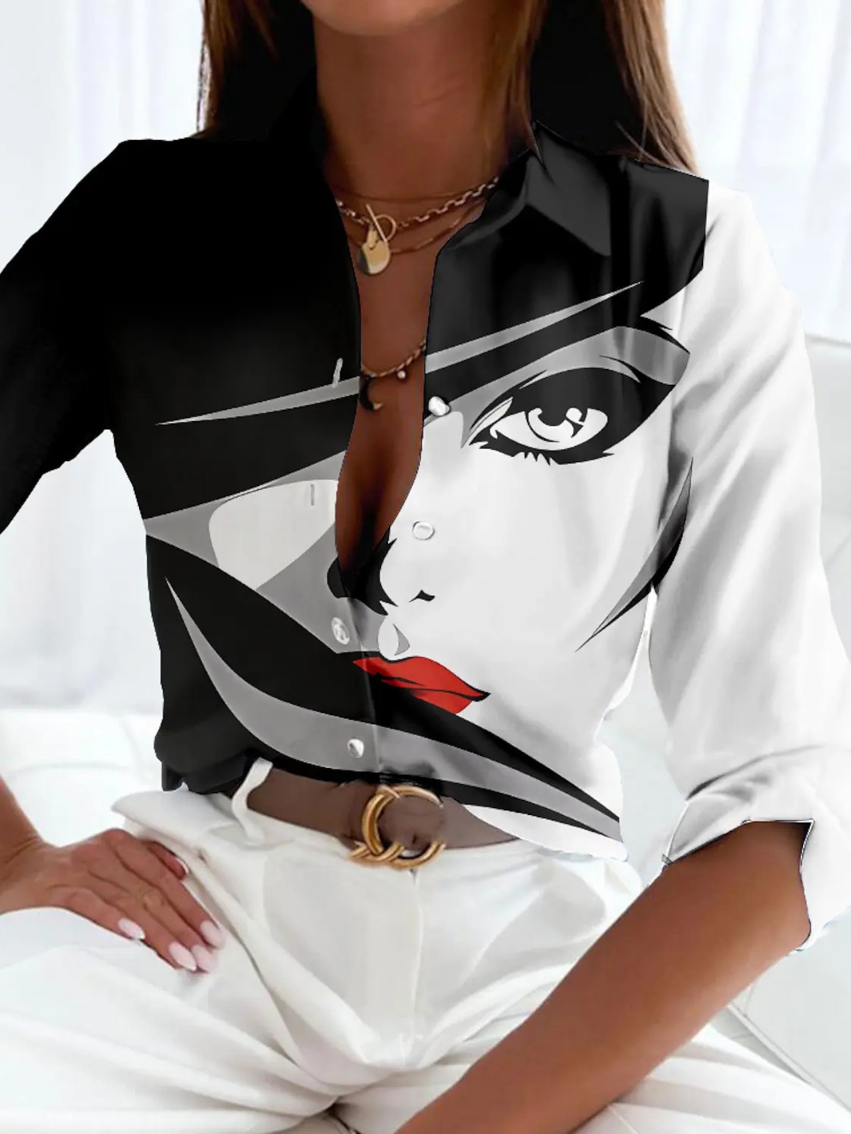 Women's Quarter Sleeve Top | Grid Print, Collared Button Front