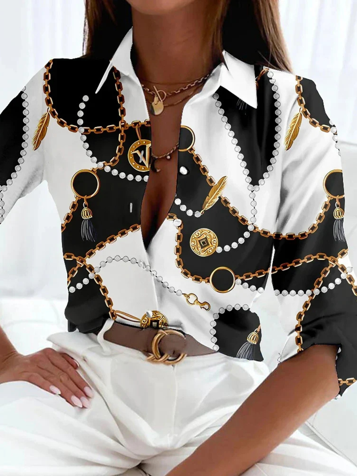 Women's Quarter Sleeve Top | Grid Print, Collared Button Front