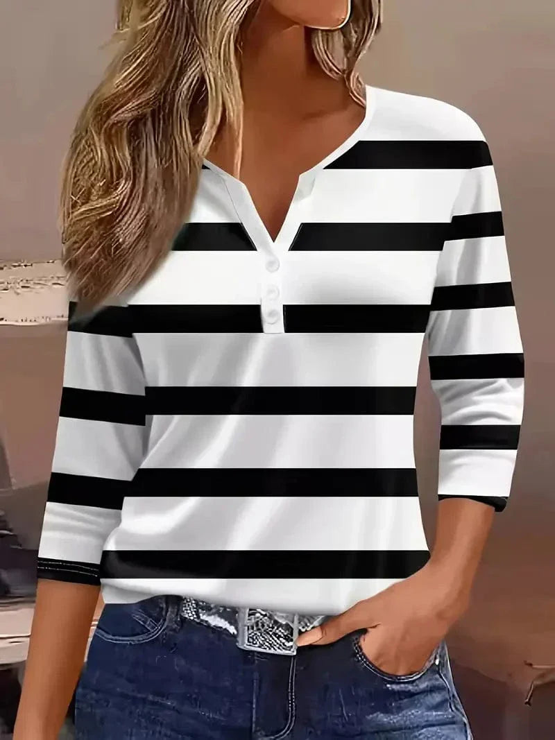 Women's Quarter Sleeve Top | Notch Neckline, Horizontal Stripes