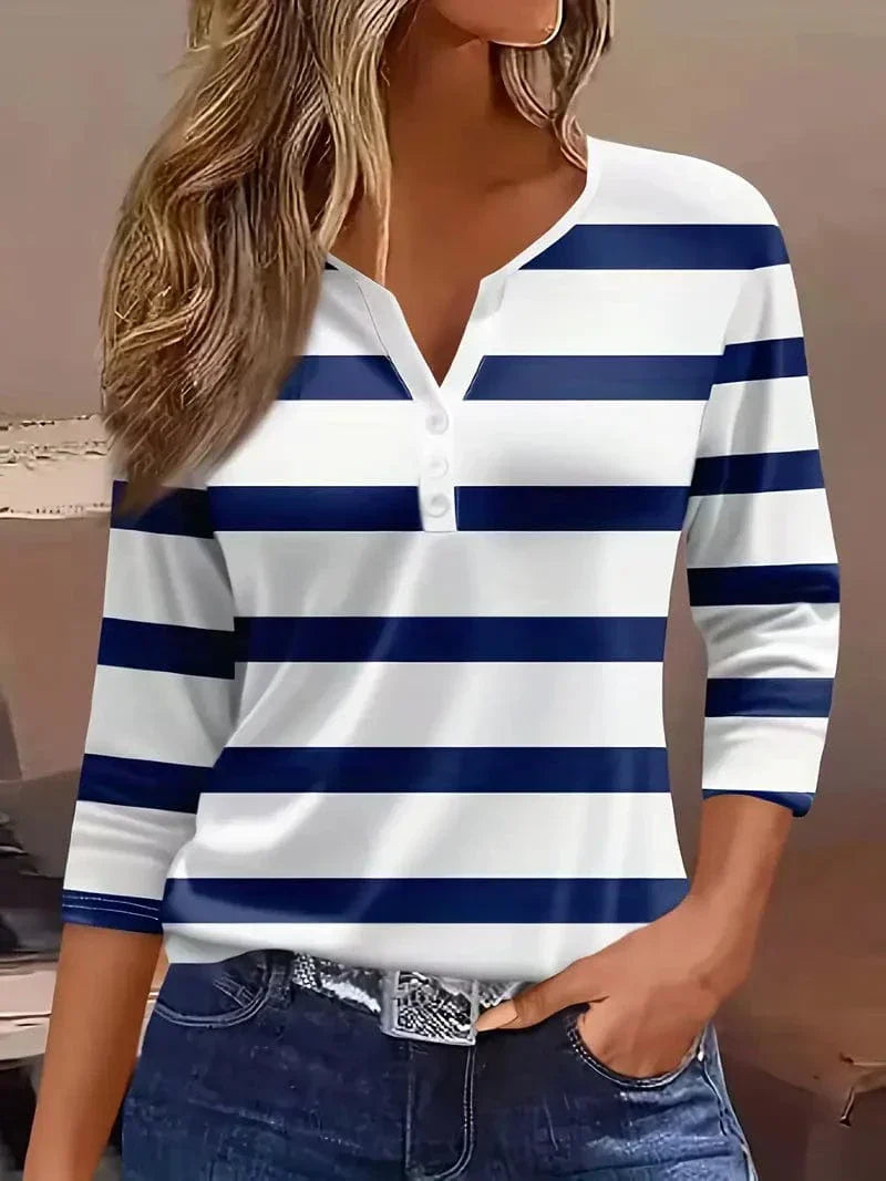 Women's Quarter Sleeve Top | Notch Neckline, Horizontal Stripes