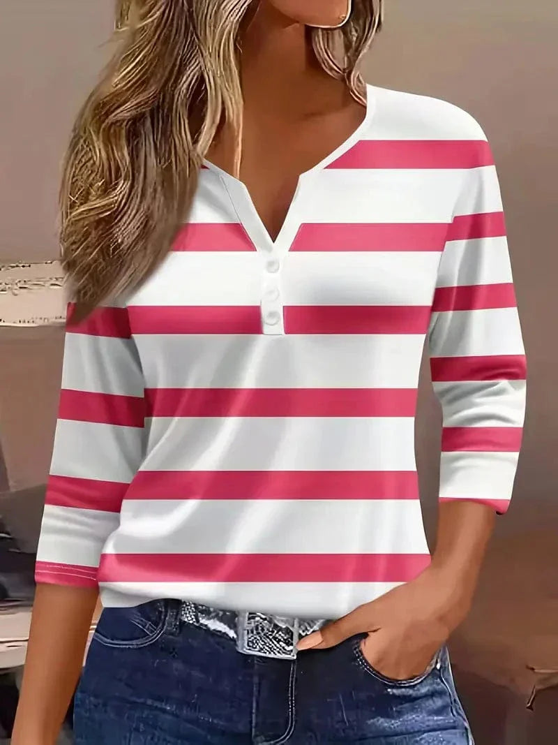 Women's Quarter Sleeve Top | Notch Neckline, Horizontal Stripes