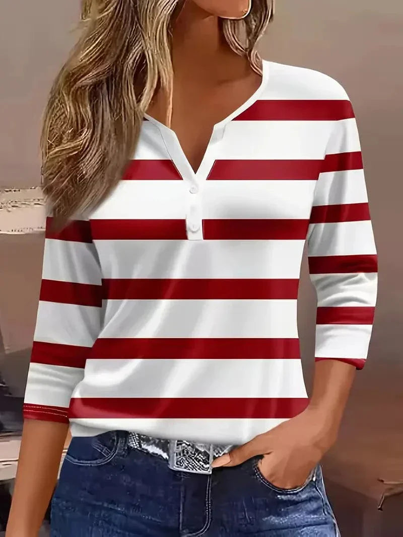 Women's Quarter Sleeve Top | Notch Neckline, Horizontal Stripes