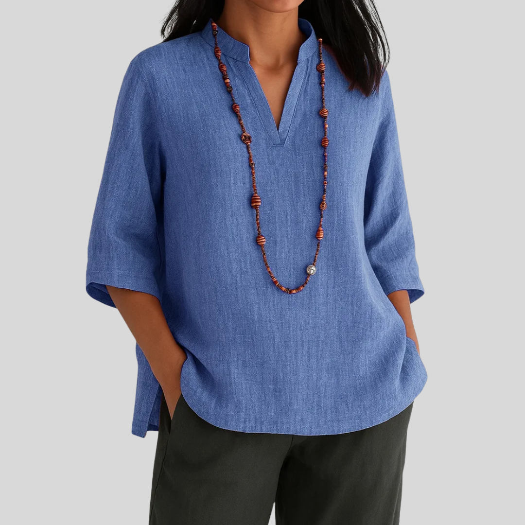 Women's Quarter Sleeve Top | Notched Collar, Curved Split Hem