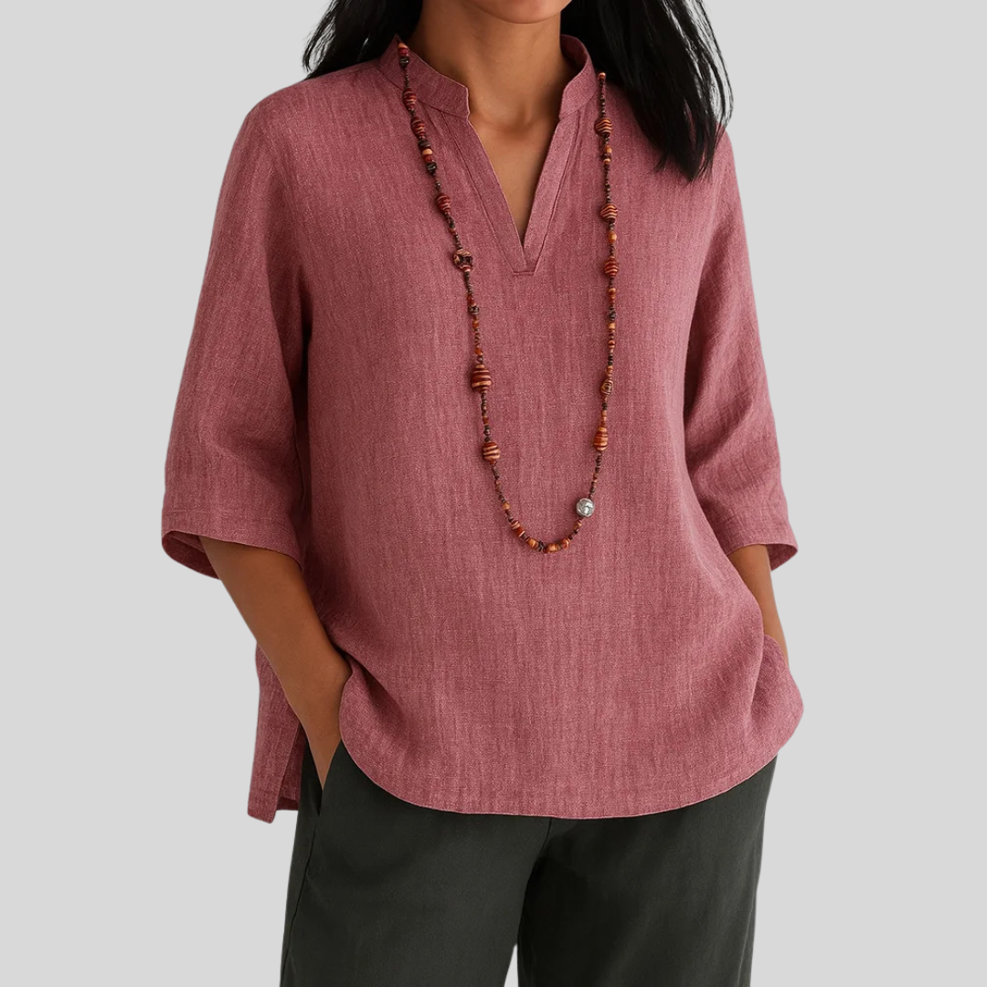 Women's Quarter Sleeve Top | Notched Collar, Curved Split Hem